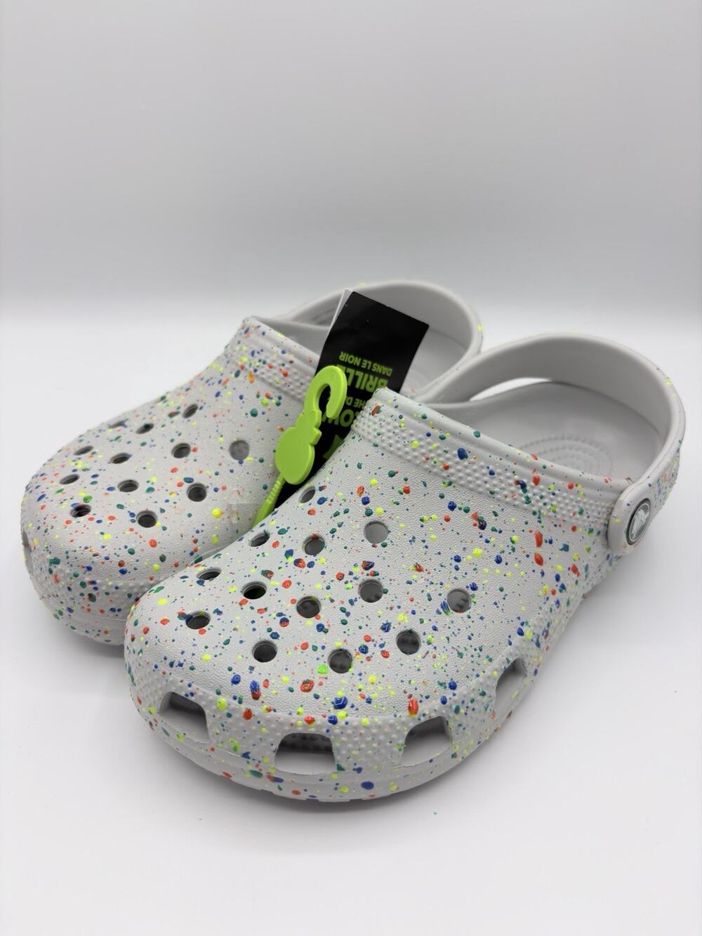 Crocs Kids Classic Clog Glow Paint Splatter Grey 212495 Size J2 Slip On NWT
